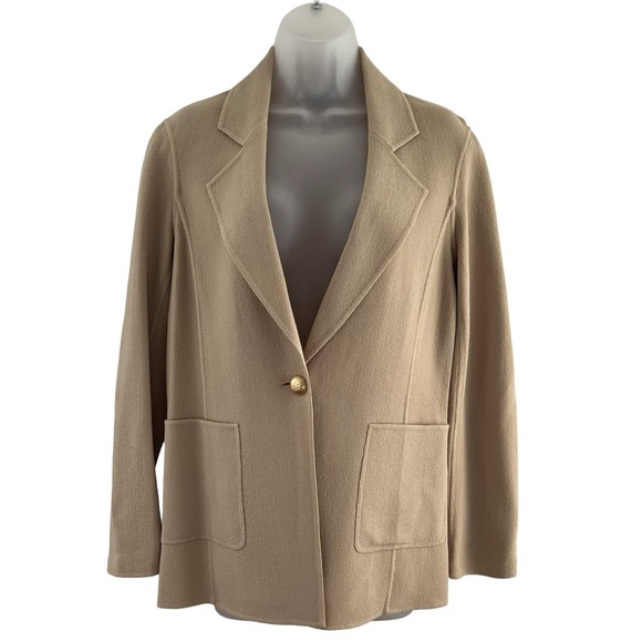 St John Blazer Womens 2 Beige Wool Gold Button Camel 90s Career Jacket Pockets - Picture 1 of 16